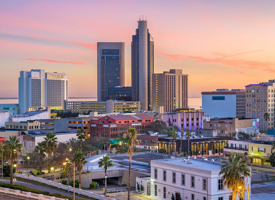 Contact - Corpus Christi, Texas Skyline at Sunset With Palm Trees and Buildings Lit Up
